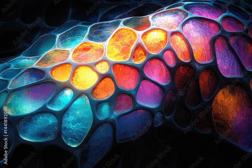 Poster abstract vibrant image of interconnected, glowing, colorful organic shapes resembling a cellular str