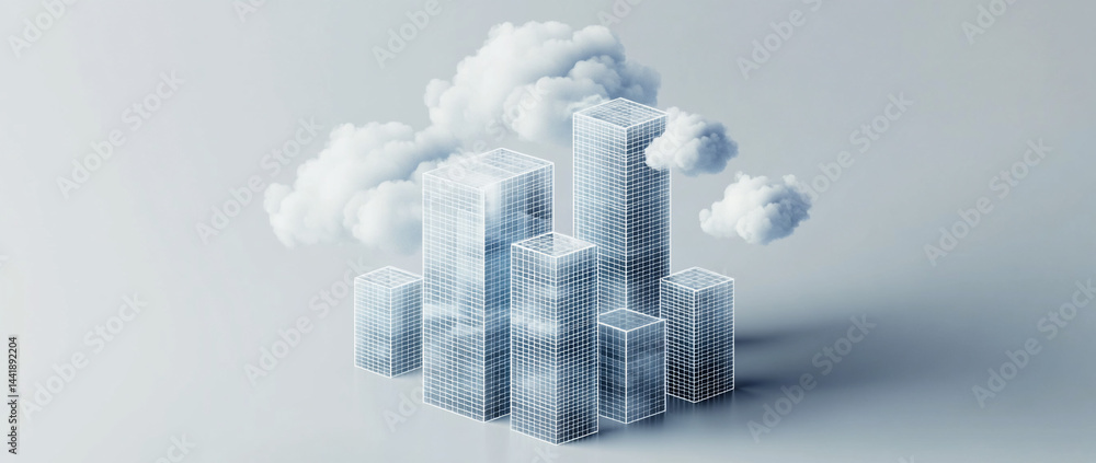 Poster Abstract city skyline with clouds, representing digital cloud computing or data storage.