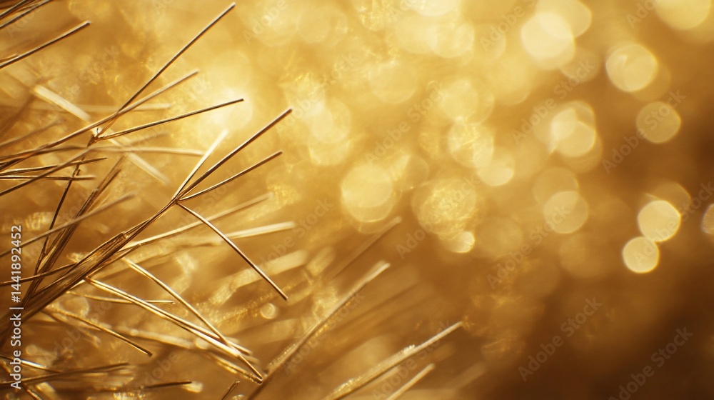 Aufkleber close-up of golden, sparkling, abstract texture with blurred bokeh lights in background.