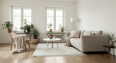 Cozy Scandinavian living room with neutral tones and natural textures in a modern design