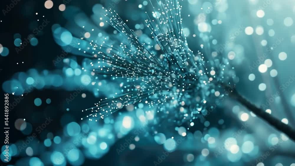Poster mesmerizing abstract vdo of delicate strands illuminated by soft blue and teal lights, creating drea