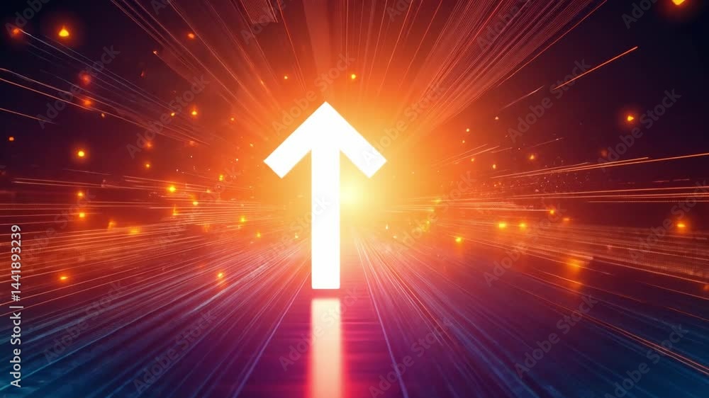Poster bright arrow symbolizing upward progress, surrounded by dynamic light rays and glowing particles, cr