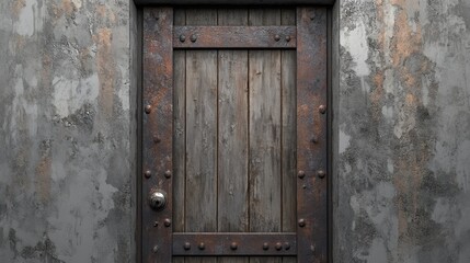 Aged, weathered wooden door with rusty iron frame set in a textured stone wall