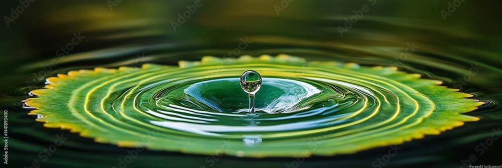 Poster water droplet creating concentric ripples on a green leaf in calm water.