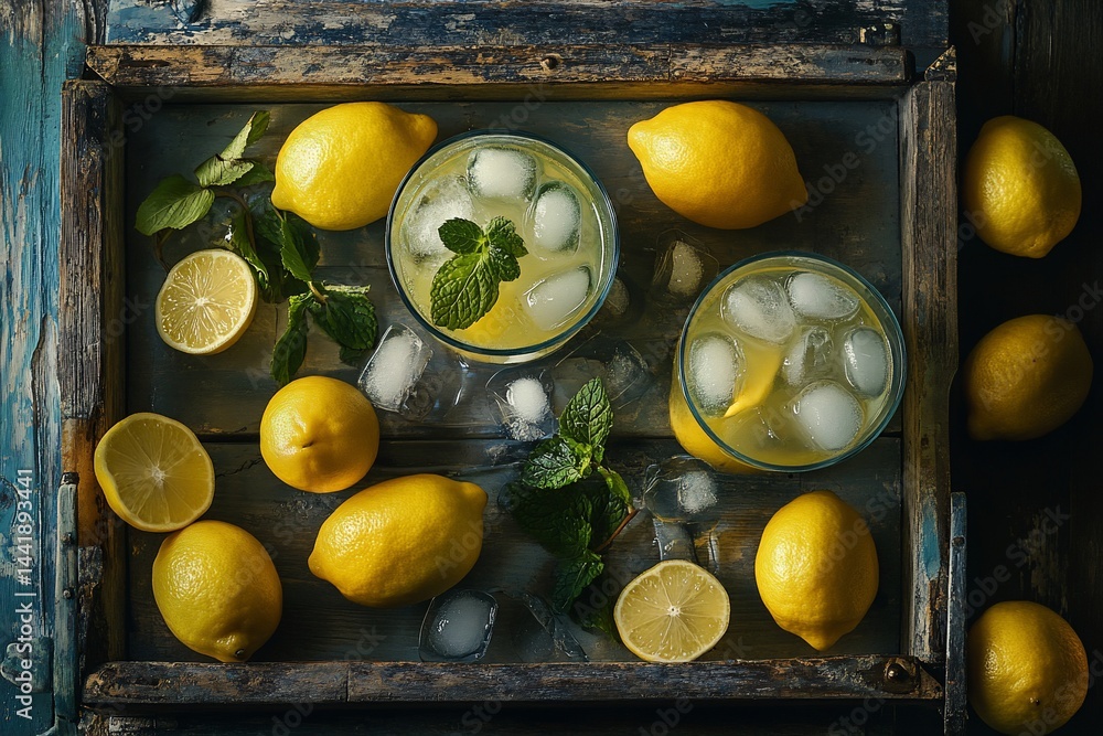 Poster two glasses of refreshing lemonade with ice and mint, surrounded by lemons on a rustic wooden tray.