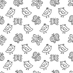 Seamless pattern with butterflies and birds. Black and white vector illustration hand drawn doodle. White background. Spring and summer season print for wrapping, fabric or paper