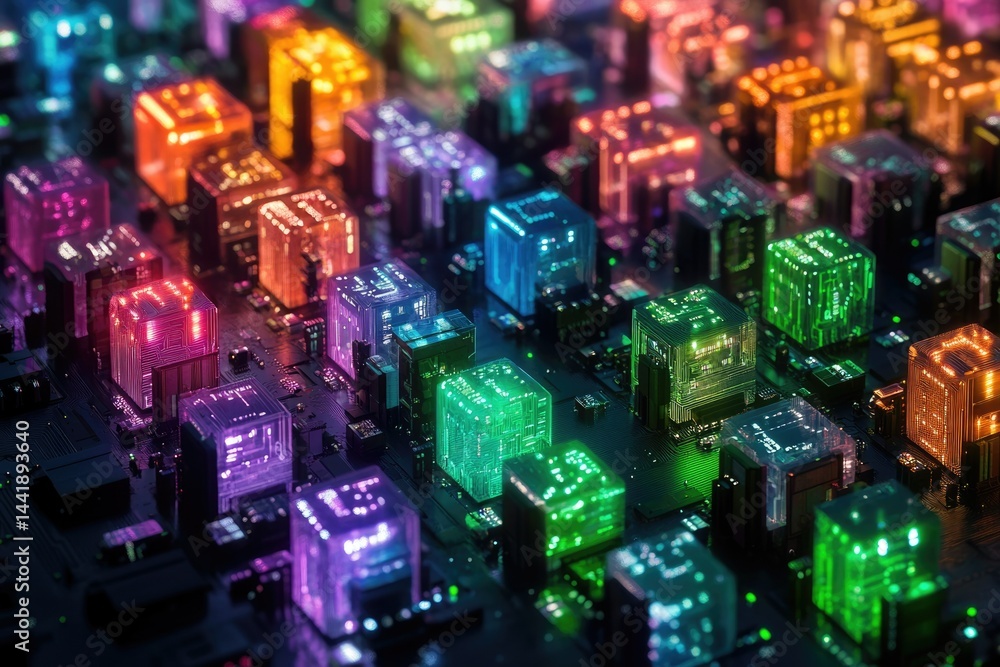 Poster A vibrant digital cityscape of glowing cubes interconnected on a circuit board, representing advanced technology and data processing.
