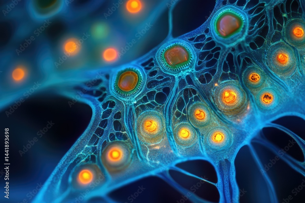 Leinwandbilder Microscopic view of intricate cellular structures, glowing orange and blue, resembling a complex network.