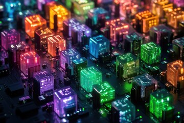A vibrant digital cityscape of glowing cubes interconnected on a circuit board, representing advanced technology and data processing.