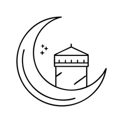 crescent moon with kaaba icon, crescent moon with kaaba line art - simple line art of crescent moon with kaaba, perfect for crescent moon with kaaba logos and icons