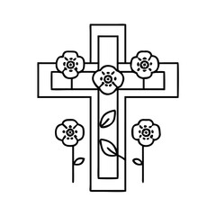 cross with poppies icon, cross with poppies line art - simple line art of cross with poppies, perfect for cross with poppies logos and icons