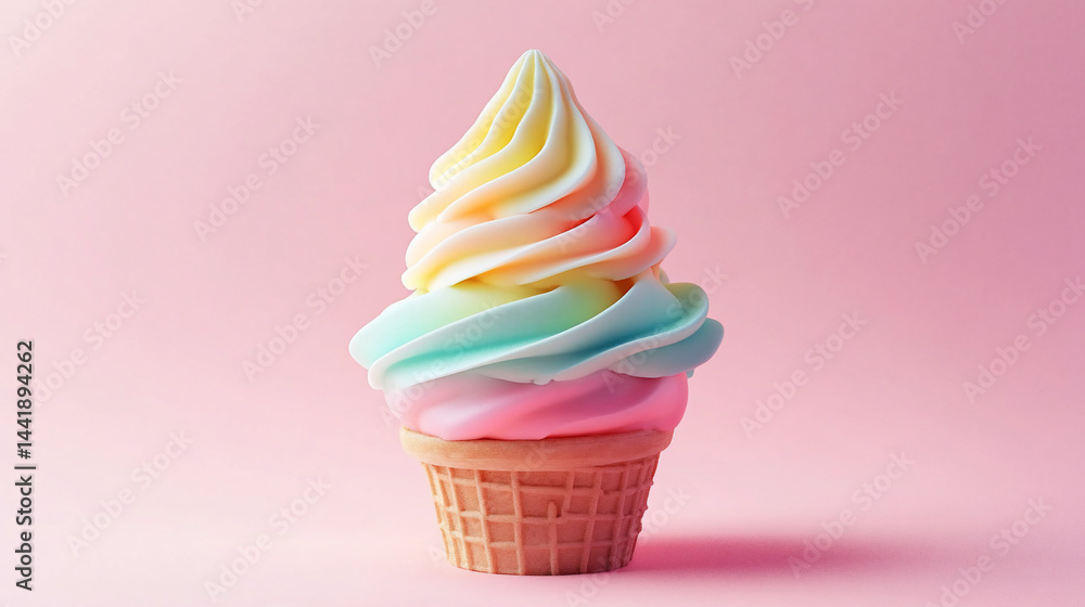 Poster rainbow soft serve ice cream cone on pink background.