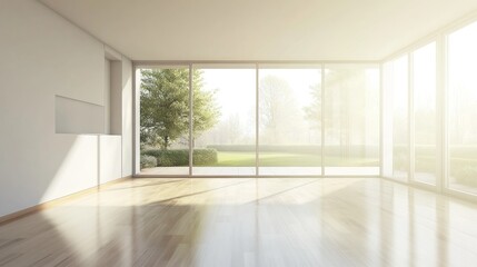 Fototapeta premium Empty modern room with large windows showcasing a garden. Sunlight streams in