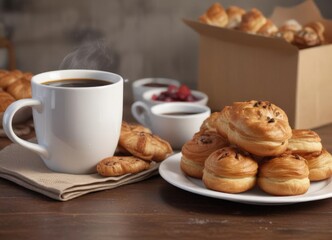Steaming coffee in a mug beside a box of assorted pastries , baked goods, steam, cream