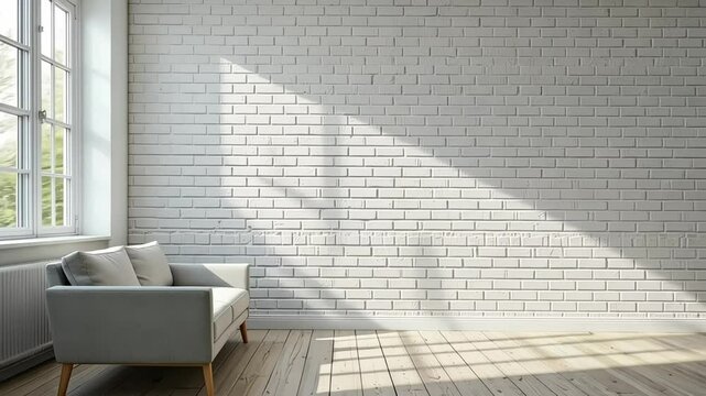 White brick wall mockup in Scandinavian-style living room with light wood floor with empty copy space