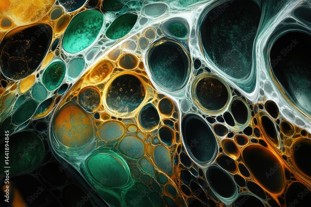 Poster abstract art depicting interconnected, organic, gold and teal cells resembling a complex network or 