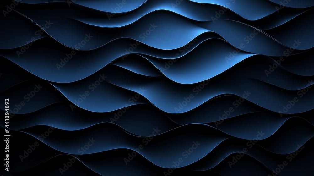 Poster dynamic waves abstract background of fluid, layered paper folds in deep indigo and cobalt tones