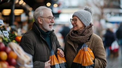 An elderly couple smiles warmly at each other while holding reusable shopping bags filled with groceries at a bustling market, showcasing their commitment to sustainability