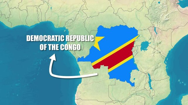 Map of Democratic Republic of the Congo Zooming Animation with Flag Rotating and Text Display 4K Video Full HD