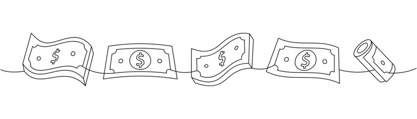 Money papers one line continuous drawing. Money investment and finance. Vector illustration.