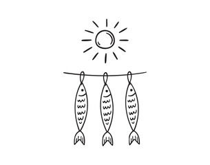 Small fish hang on a rope, sun dry. seafood labels, beer snack icon doodle hand drawn. Outline line drawing clipart symbol. 