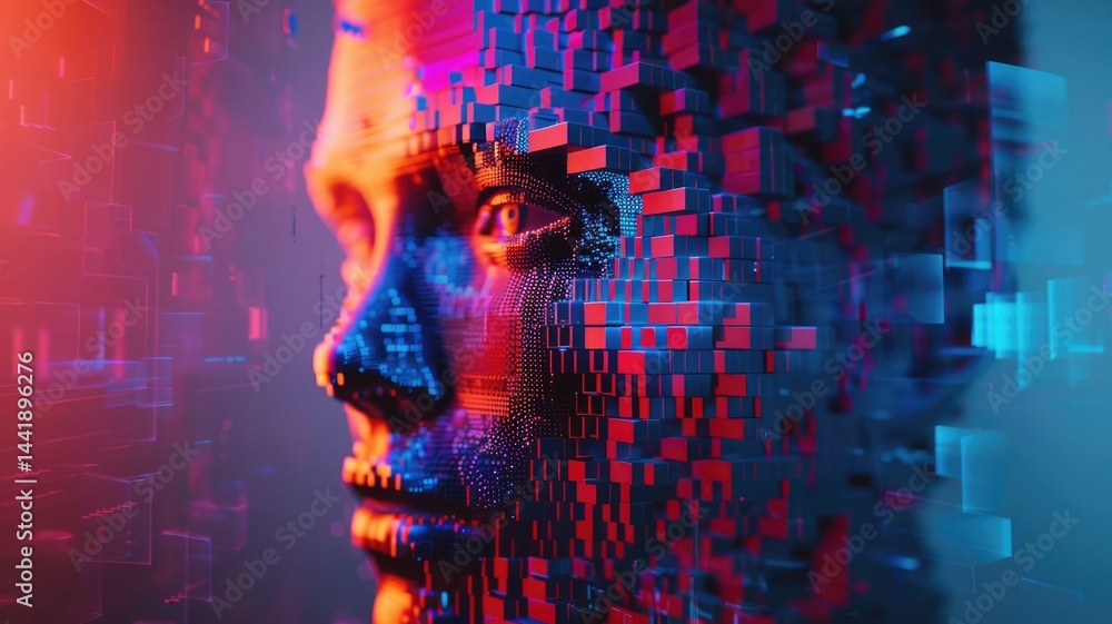 Poster abstract of complex glitch with pixel effect in cyber background. human shape and colorful particle 