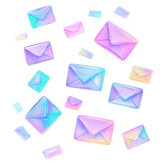 Set of colorful neon flying envelopes with holographic effect, isolated on transparent cutout background