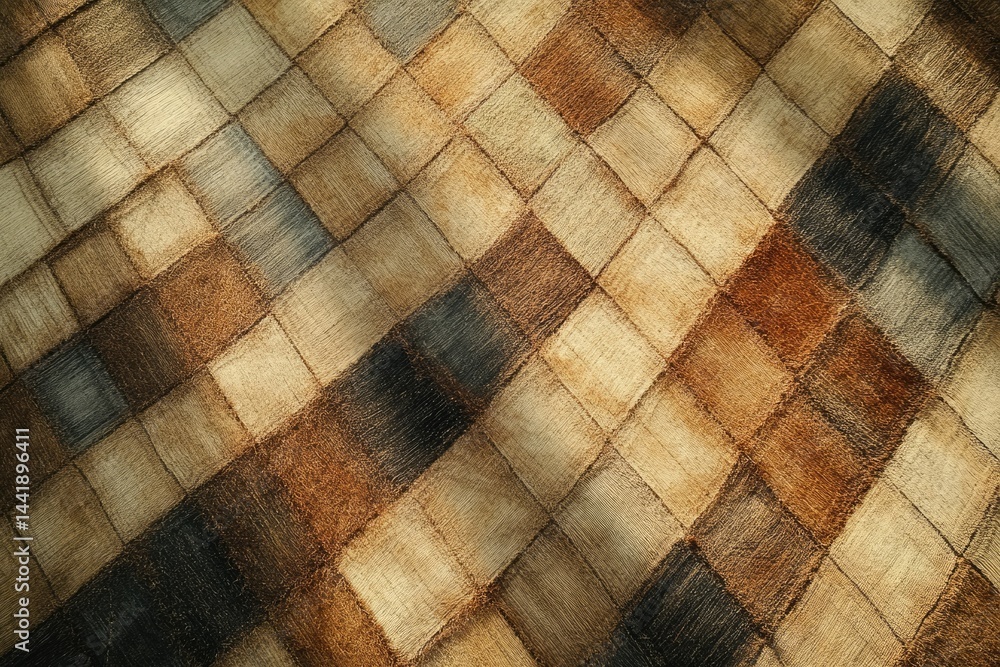 Poster diagonal pattern of brown and beige squares on a textured surface, illuminated by sunlight.