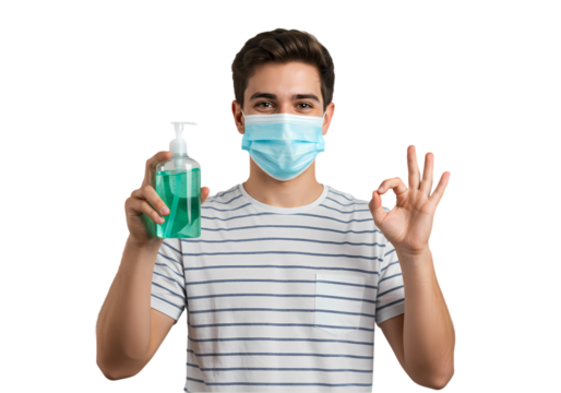 Stay Safe: Hand Sanitizer and Mask for Protection on Transparent  background - Powered by Adobe