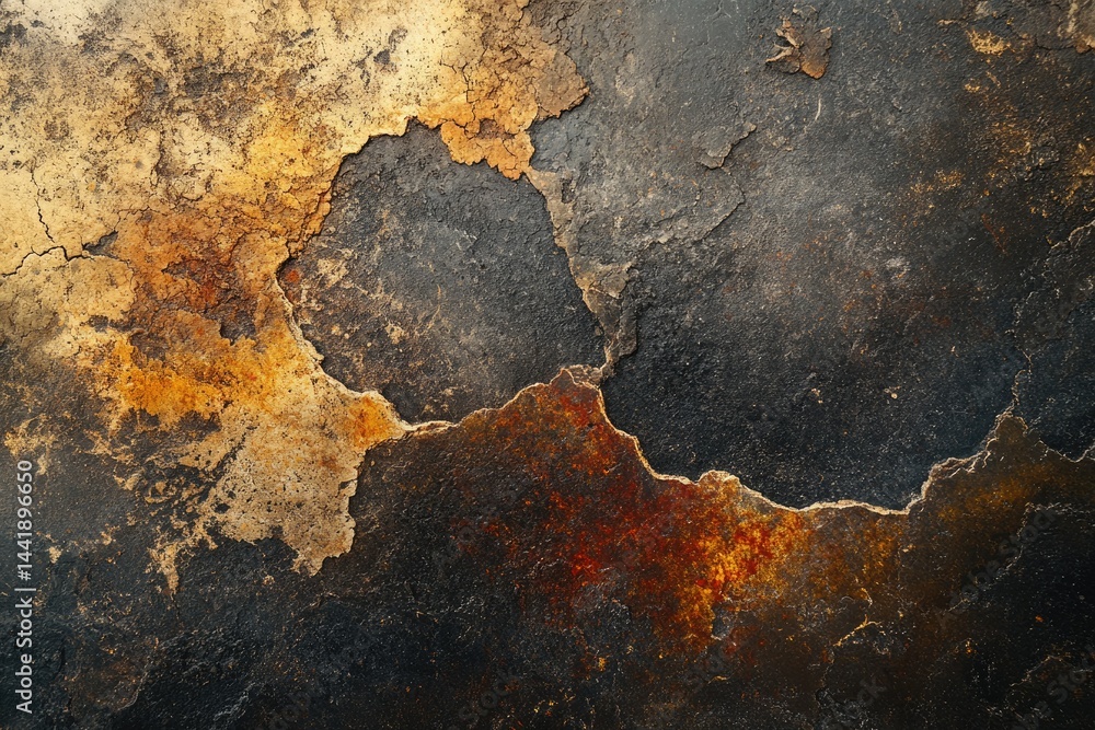 Fototapete abstract dark textured background with cracked and weathered surface showing golden and rusty hues.