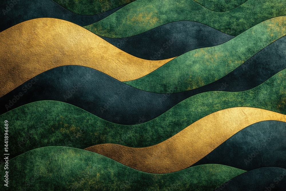 Aufkleber Abstract art featuring undulating gold and green textured waves, creating a luxurious and elegant design.