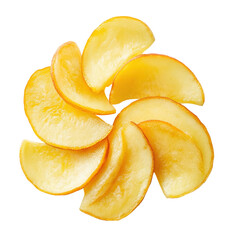 Spiral-shaped, golden-yellow potato chips.