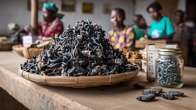 A traditional Zimbabwean market scene with mopane worms, dried and fried, served as a local snack, representing an authentic African delicacy.  