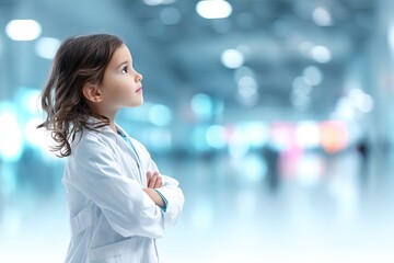 Kid's career and health care, medical insurance concept with girl child in white doctor or nurse lab gown with blurry background medical clinic healthcare service center or hospital