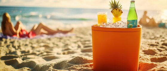 Beach scene with refreshing tropical drinks in cooler, sunbathers relaxing on sand, summer vacation vibes, warm sunshine, coastal getaway, ocean view.