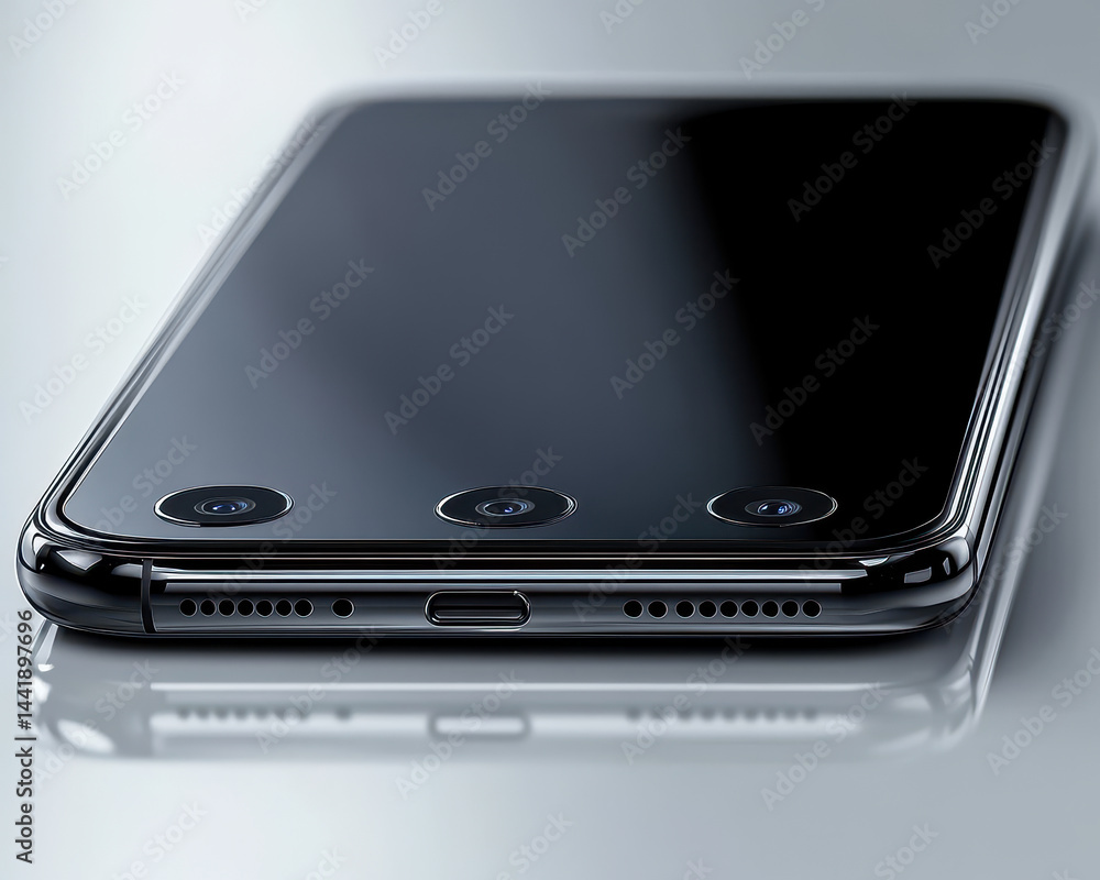 Poster high-quality image of modern smartphone displaying front view design with triple camera and sleek bl