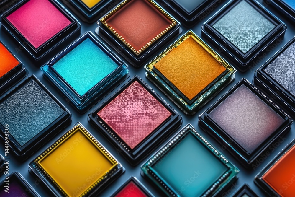 Poster A close-up shot of various color image sensors arranged in a geometric pattern.