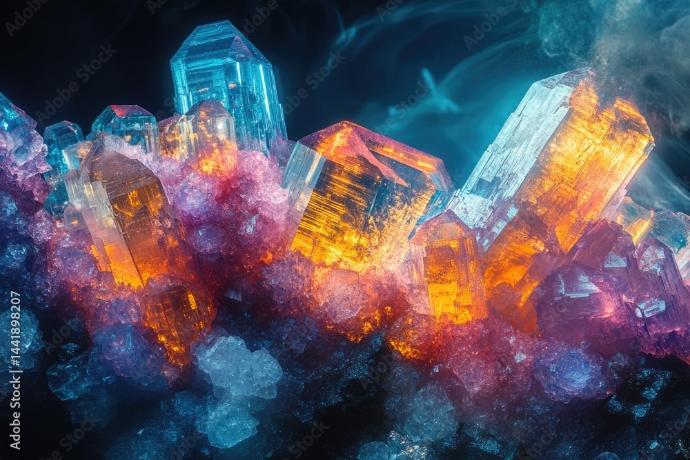Poster vibrant cluster of multicolored crystals, glowing with internal light and exhibiting intricate forma
