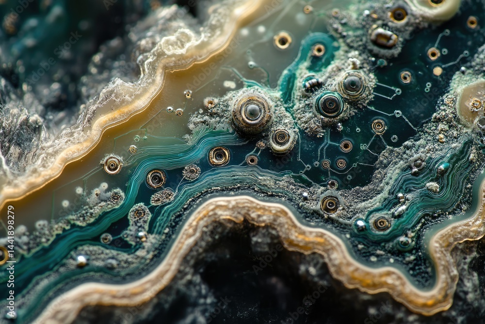 Aufkleber A mesmerizing close-up reveals intricate patterns resembling a circuit board embedded within a vibrant gemstone.