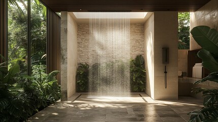 Luxurious outdoor shower with waterfall, surrounded by lush tropical greenery.
