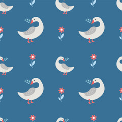 Obraz premium Seamless pattern with geese on a blue background