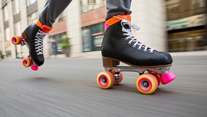 Fototapeta premium Skating adventure: close up of retro quad skates on urban road