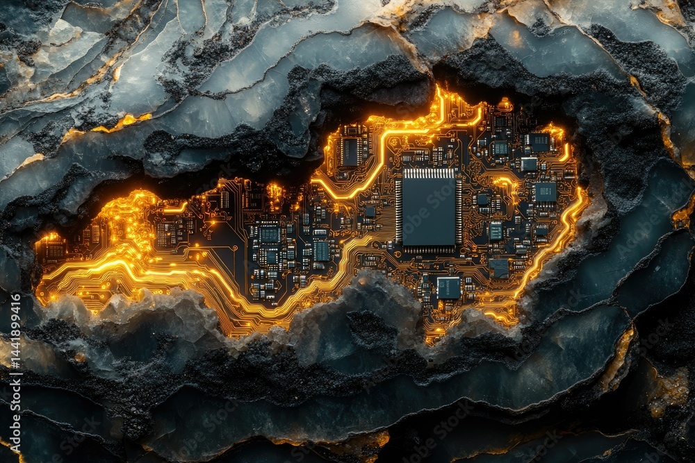 Leinwandbilder a glowing circuit board embedded within a dark, textured rock, suggesting technology unearthed or hi