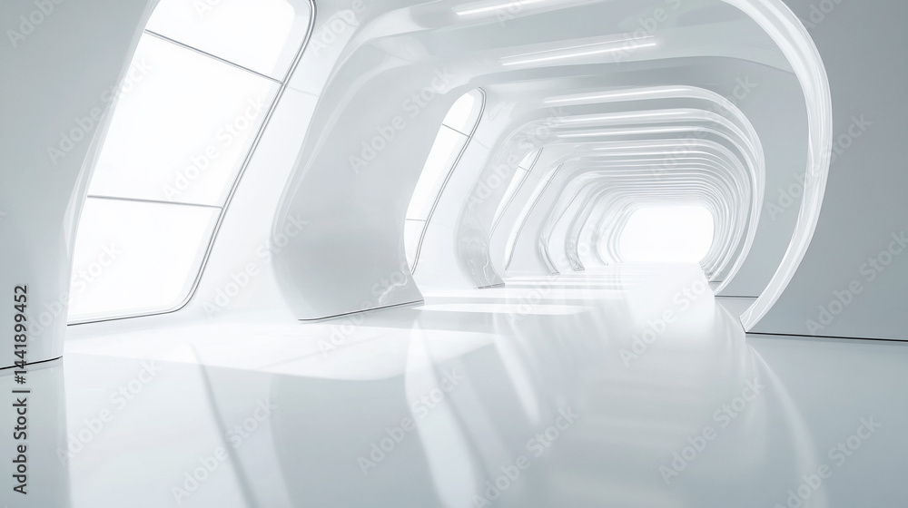 Poster abstract white futuristic tunnel interior with glowing end and large windows.
