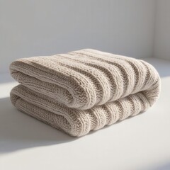 Cozy knitted blanket folded on a surface.