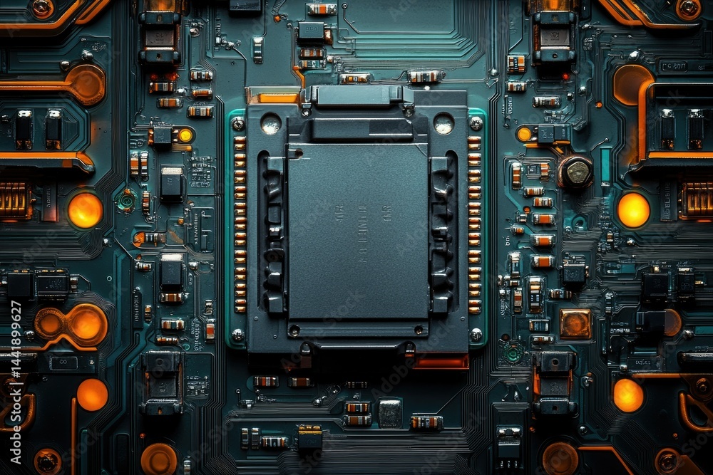 Poster Close-up of a computer motherboard showcasing a central processing unit and intricate circuitry.