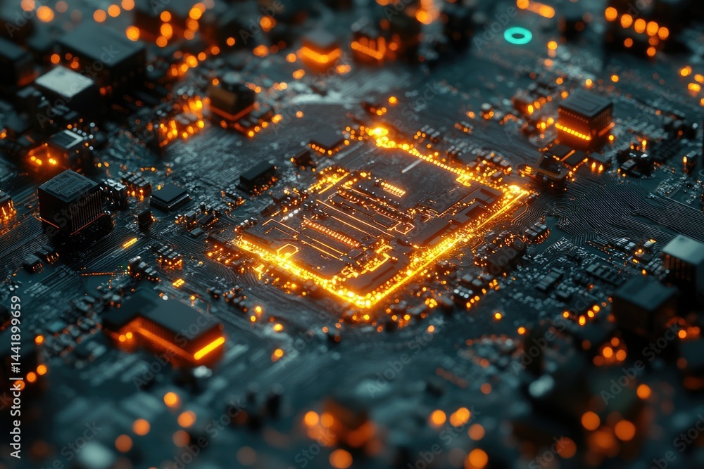 Poster Close-up of a glowing circuit board, showcasing intricate electronic components and pathways.