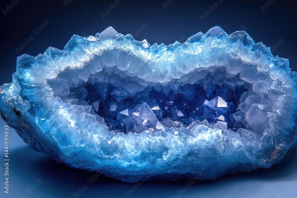 Poster a mesmerizing geode filled with vibrant blue crystals, showcasing intricate formations and sparkling
