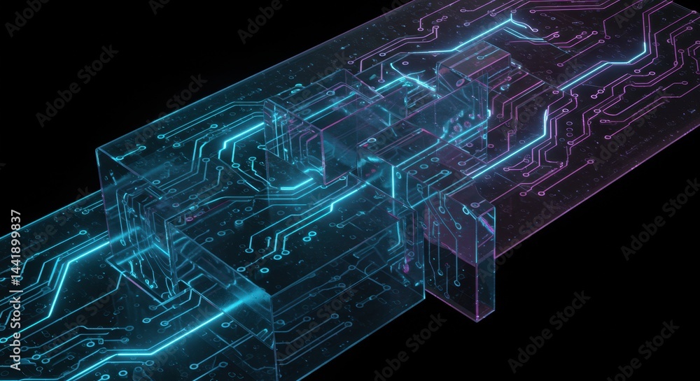 Aufkleber abstract digital circuitry interconnection glowing neon cubes futuristic technology network data tra