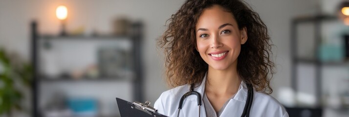Doctor in clinic, friendly smile, holding clipboard, office background, professional image